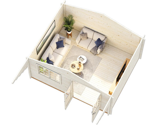 Innenansicht eines Gartenhauses mit Möbeln, bestehend aus Holzwänden, Sofas, Couchtischen, Fernseher und Dekorationen