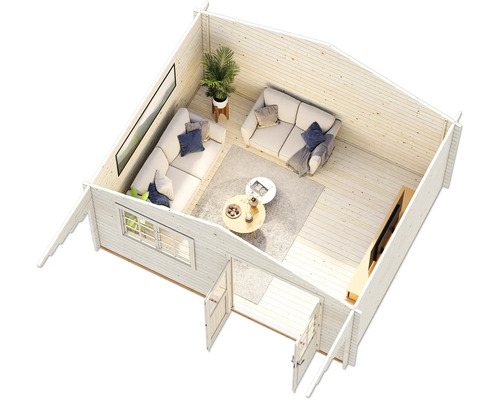 Innenansicht eines Gartenhauses mit Sofas, Tisch und Dekoration