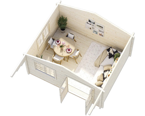 Innenansicht eines Holzhauses mit Möbeln