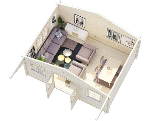 Innenansicht eines Holzhauses mit Wohnbereich und Essbereich.