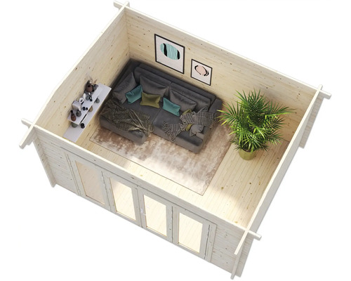 Innenansicht eines Gartenhauses mit Sofa, Tisch und Zimmerpflanze