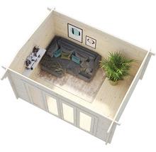 Innenansicht eines Holzgartenhauses mit Sofa, Pflanze und Dekoration