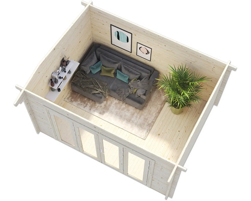 Innenansicht eines Holzgartenhauses mit Sofa, Pflanze und Dekoration