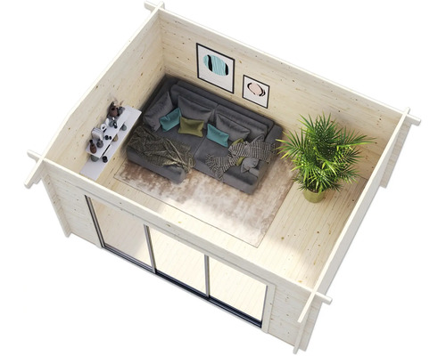 Inneneinrichtung eines Gartenhauses mit Sofa, Tisch und Zimmerpflanze