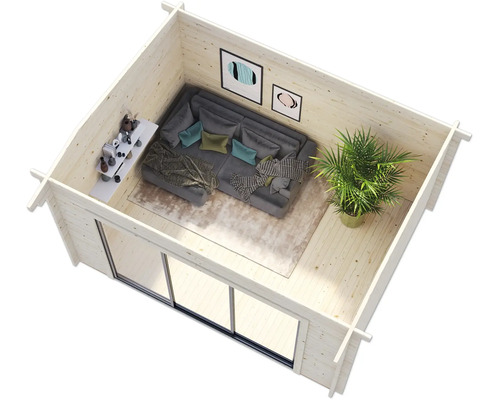 Innenraum eines Gartenhauses mit Sofa, Tisch und Zimmerpflanze