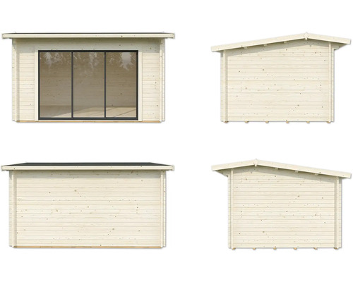 Verschiedene Ansichten eines Gartenhauses mit Fenster und Holzwänden.