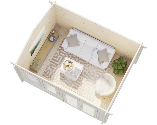 Innenansicht eines Gartenhauses mit Couch, Sessel, Teppich und Dekoration