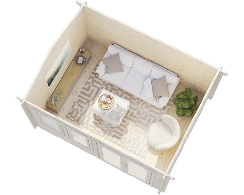 Innenansicht eines Gartenhauses mit Möbeln und Dekoration