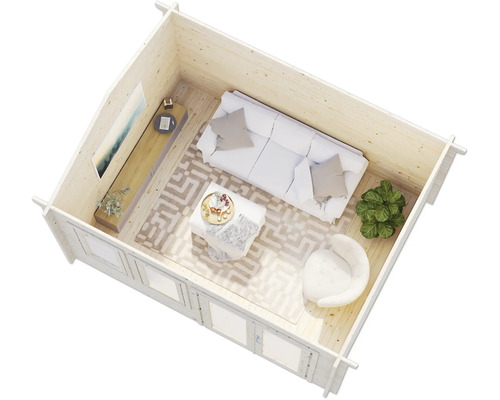 Innenansicht eines Holzhauses mit Sofa, Sessel und Tisch