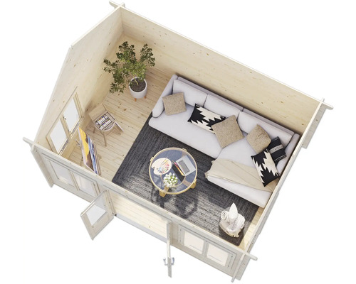 Innenansicht eines Gartenhauses mit Sofa, Tisch und Dekorationen