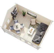 Innenansicht eines Gartenhauses mit Möbeln wie Tisch, Stühlen, Sofa und Regalen