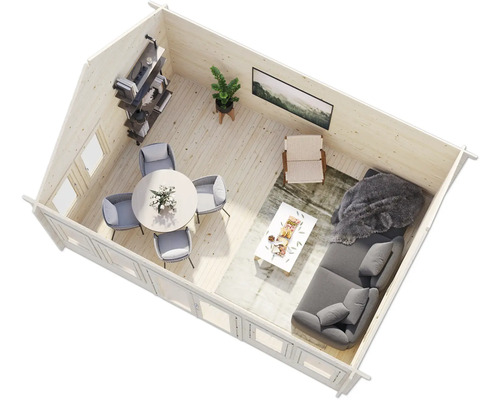 Innenansicht eines Holzhauses mit Möbeln wie Sofa, Tisch und Stühlen