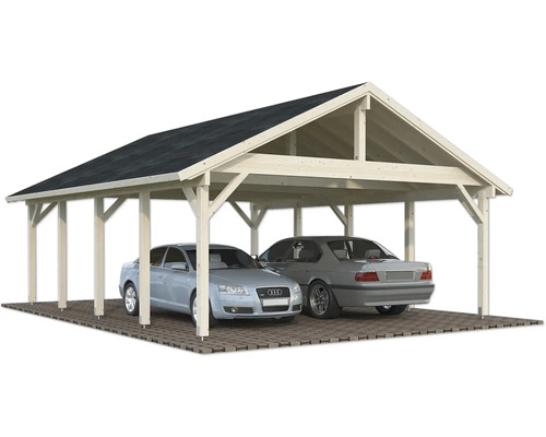 Doppelcarport aus Holz mit zwei Autos
