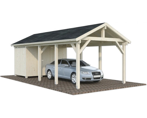 Carport aus Holz mit Geräteraum und Auto auf Pflastersteinen