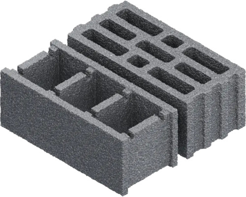 Zwei Schalungssteine aus Beton mit Hohlräumen