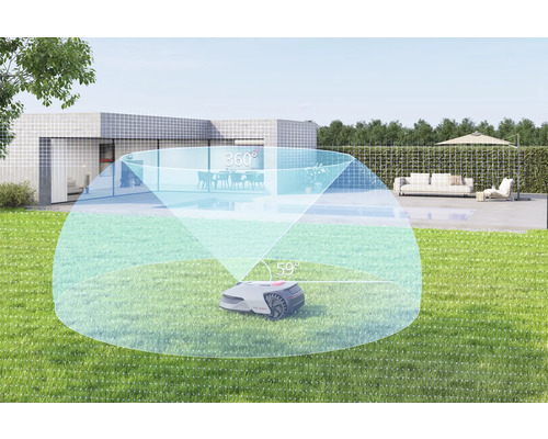 Mähroboter mit 360 Grad Sensor auf Rasen vor einem Haus