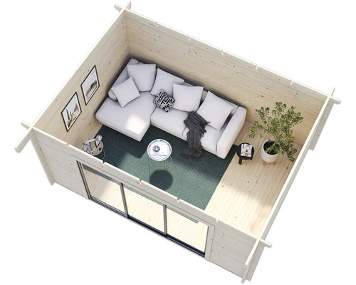 Helles Blockhaus mit Sofa, Tisch, Teppich, Pflanzen und Bildern an der Wand