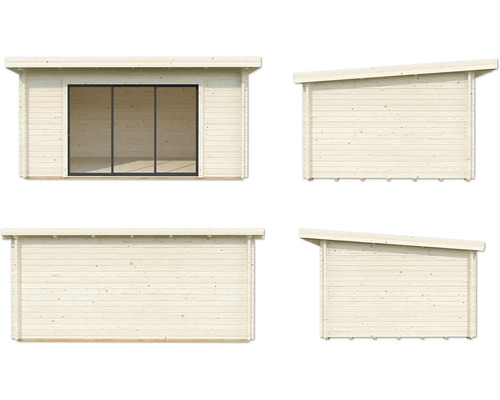 Gartenhaus aus Holz mit Schiebetür aus Glas in vier Ansichten