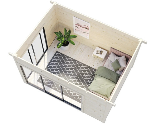 Innenansicht eines Gartenhauses mit Bett, Teppich, Zimmerpflanze und Fenster