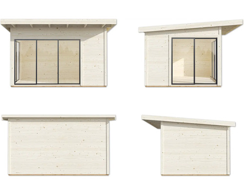 Ansichten eines Holzgartenhauses mit Schiebetür