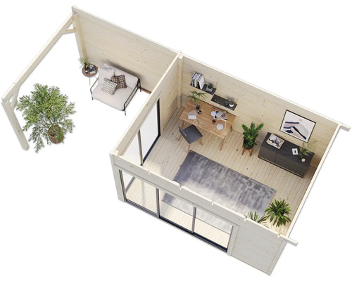 Innenansicht eines Gartenhauses mit Arbeitsbereich und Sitzbereich