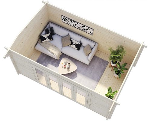 Innenansicht eines Holzhauses mit Sofa, Tisch und Pflanzen