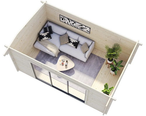 Innenansicht eines Holzhauses mit Wohnbereich, Sofa, Tisch und Pflanzen
