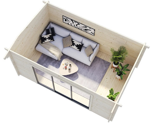 Innenansicht eines Holzgartenhauses mit Sofa, Tisch und Pflanzen