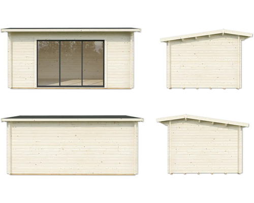 Holzgartenhaus mit Schiebetür, Ansichten von allen Seiten