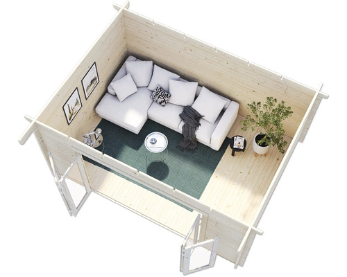 Inneneinrichtung eines Gartenhauses mit Sofa, Teppich und Dekoration