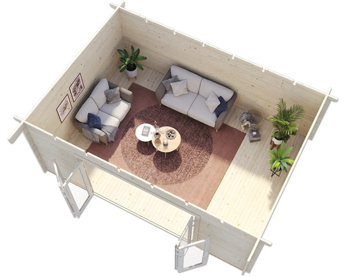 Innenansicht eines Gartenhauses mit Möbeln und Dekoration