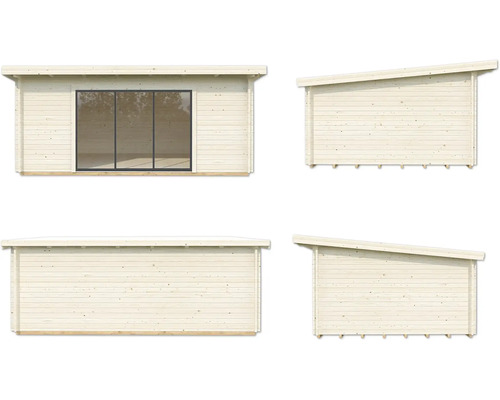 Ansichten eines Gartenhauses mit Pultdach und großen Fensterflächen