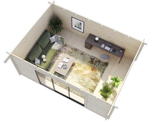 Innenansicht eines Holzgartenhauses mit Wohnbereich und Arbeitsplatz