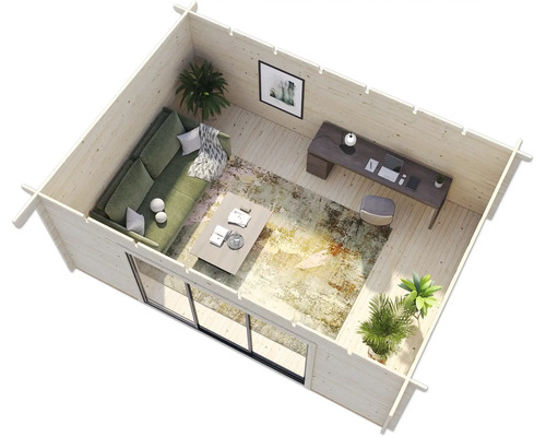 Innenansicht eines Gartenhauses mit Wohnbereich und Arbeitsplatz