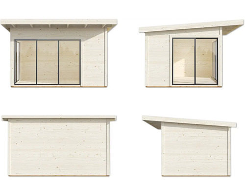 Verschiedene Ansichten eines Gartenhauses mit Pultdach und Schiebetür