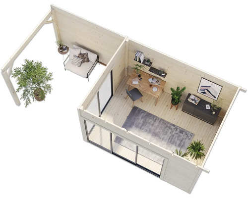 Innenansicht eines Holzgartenhauses mit Büromöbeln und Terrasse