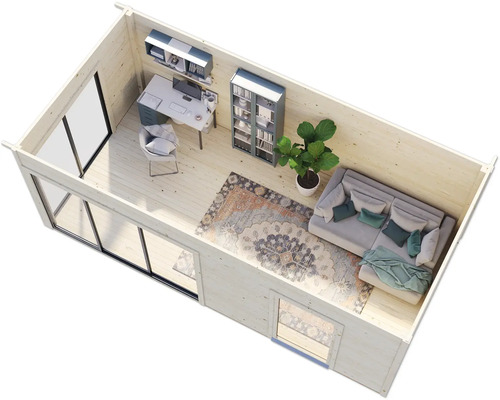 Innenansicht eines Holzgartenhauses mit Büroecke und Sitzecke