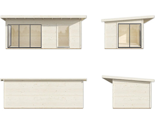 Mehransichten eines Holzgartenhauses mit Schiebetüren