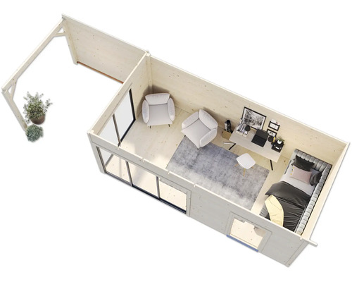 Draufsicht eines Holzgartenhauses mit Wohnbereich, Arbeitsbereich und Schlafbereich