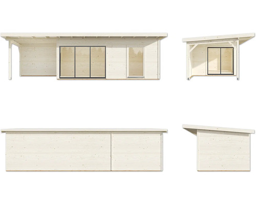 Verschiedene Ansichten eines Holzgartenhauses mit Schiebetür