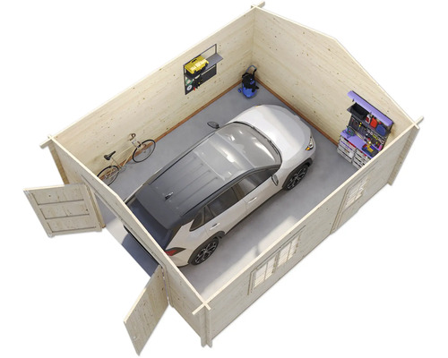 Garage aus Holz mit Auto, Werkzeugen und Fahrrad