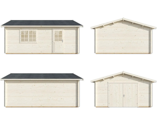 Verschiedene Ansichten eines Gartenhauses aus Holz mit Dach