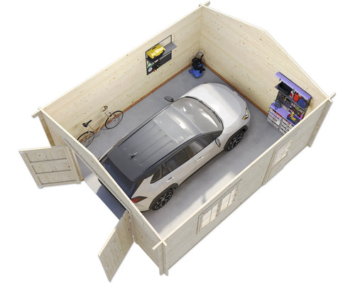 Garage aus Holz mit Auto, Fahrrad und Werkbank