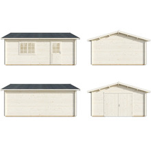 Gartenhaus aus Holz mit Fenster und Tür in verschiedenen Ansichten