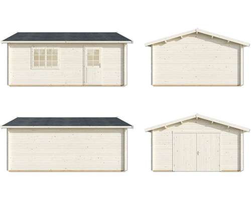 Gartenhaus aus Holz mit Fenster und Tür in verschiedenen Ansichten