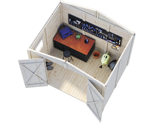 Innenansicht eines Werkzeugschuppens mit Werkbank und Werkzeugen