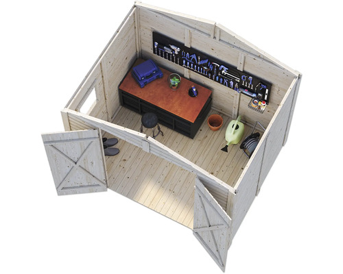 Innenansicht eines Gerätehauses mit Werkbank und Werkzeugwand