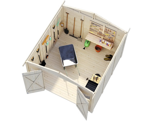 Innenansicht eines hellen Gartenhauses mit Werkzeugen, Schubkarre und Arbeitsbereich.