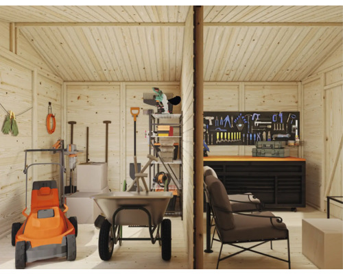 Werkzeugschuppen-Interieur mit Werkzeugen, Schubkarre und Rasenmäher