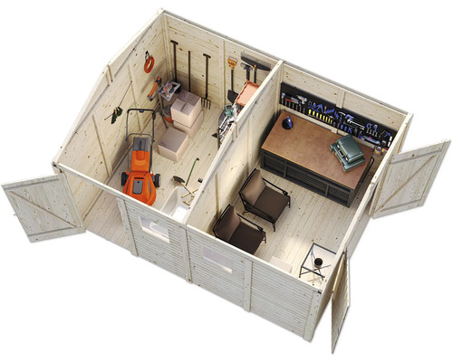 Innenansicht eines Holzgartenhauses mit Werkbank, Werkzeugen, Rasenmäher und Gartenutensilien.